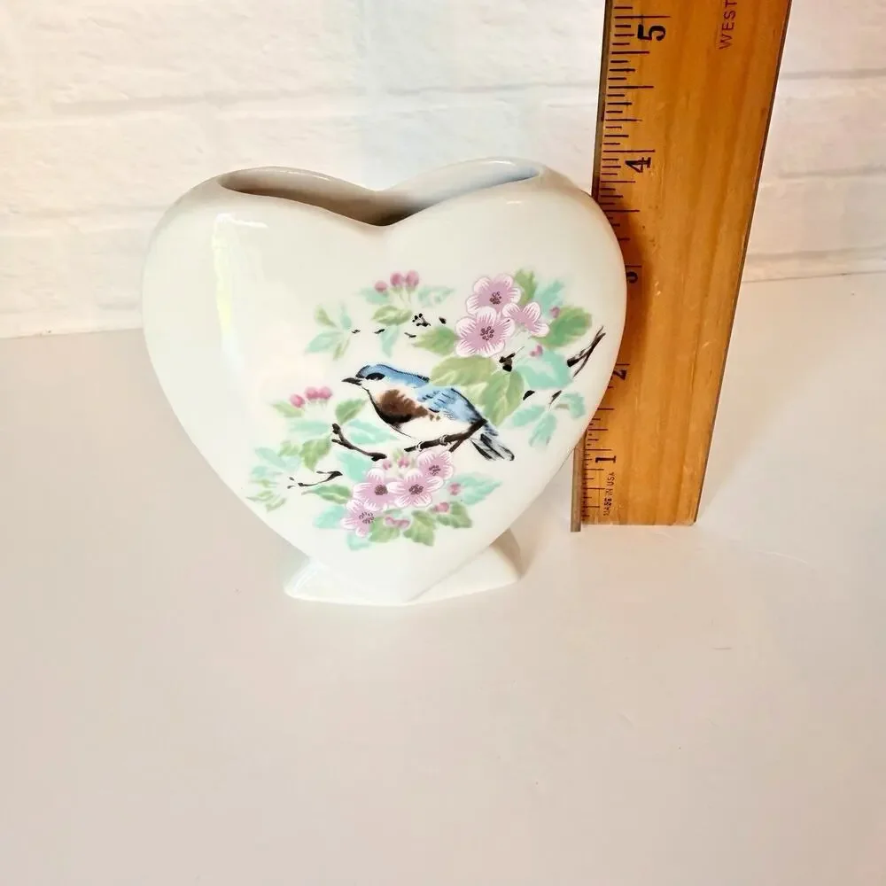 Vintage Bluebird Heart Shaped Ceramic Bud Vase Pink Floral Cherry Blossom White